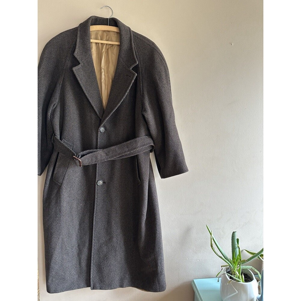 Mario Valente Coat Mens 40R Wool Cashmere Belted‎ Lined Italy Herringbone Brown